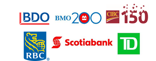 Logos of RBC, Scotiabank, TD, BMO and CIBC